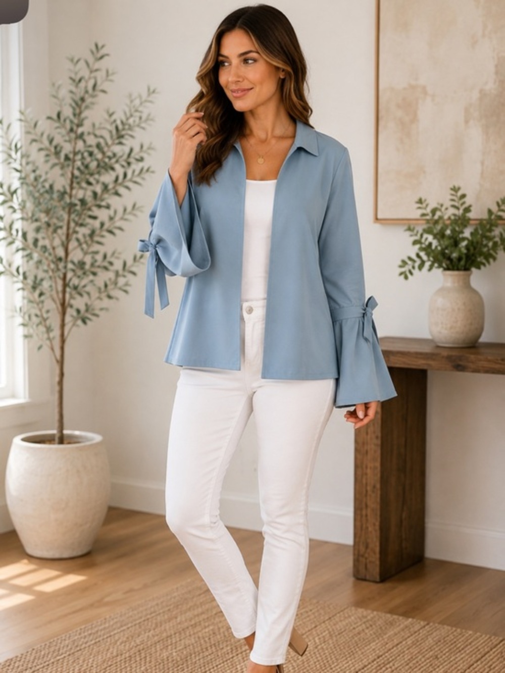 Potter’s Pot Blue Bell Sleeve Open Front Blazer Top Size Medium